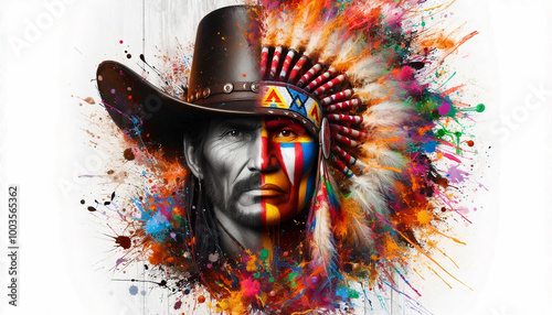 A striking image blending a cowboy and a Native American warrior, with vivid paint splashes and traditional elements