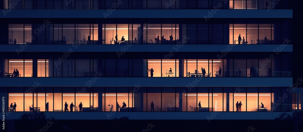 Silhouetted Figures in Illuminated Office Windows Silhouetted Figures in Illuminated Office Windows