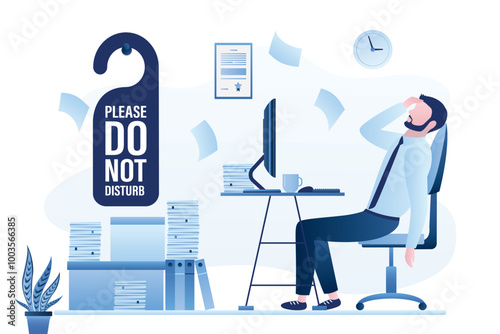 Break time. Procrastination do it later, postpone to paperwork tomorrow. Overwork, burnout. Tired or lazy worker man sleeping on workplace. Big sign- do not disturb.