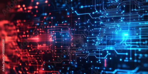 Information technology and cybersecurity With digitally integrated network technologies on a red and blue backdrop.