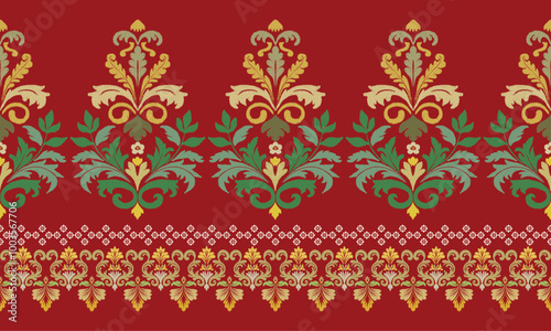 Ethnic ikat floral Ethnic Indian Pattern Ikat pattern Ethnic Pattern. Motifs  boho paisley Floral Ikat pattern embroidery border. Border indian floral Aztec embroidery border seamless patterns.