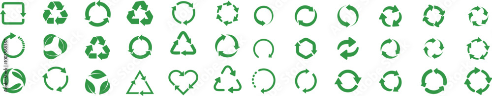 Green Recycling and rotation or circular arrows icon collection. Recycle icon symbol vector set. revolves endlessly Reuse sign. Eco ecology nature bio black Green Recycling and rotation or circular arrows icon collection. Recycle icon symbol vector set. revolves endlessly Reuse sign. Eco ecology nature bio black