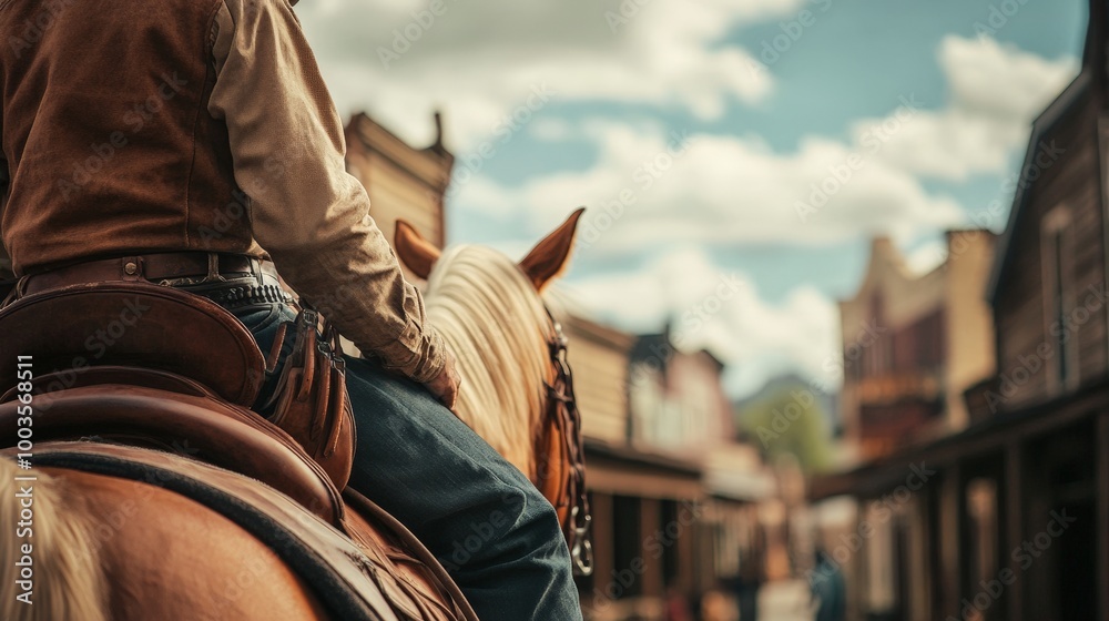 Fototapeta premium Cowboy Riding Through Old Western Town