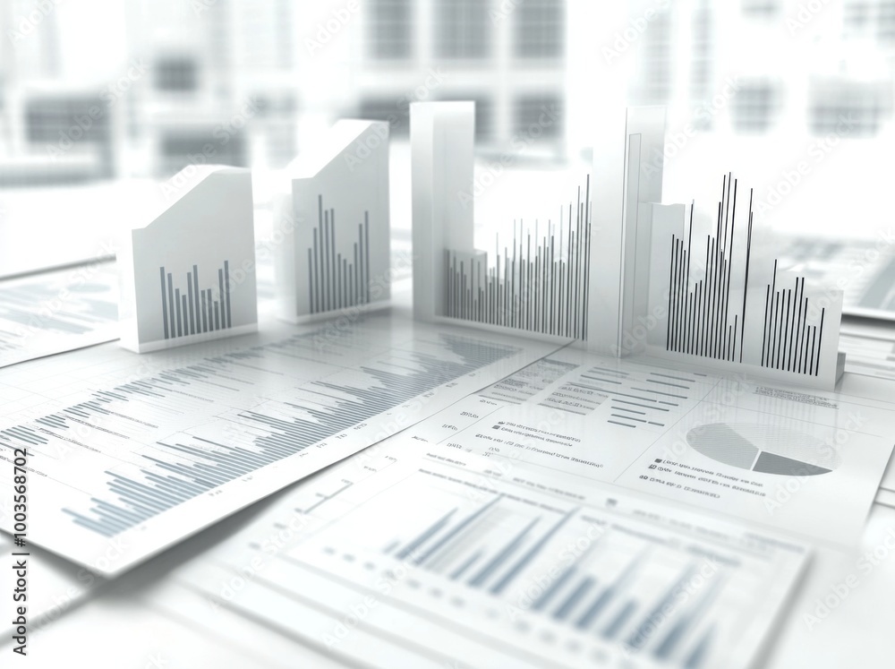 3D rendering of financial charts with bar graphs and pie charts on a white background, in colorful styles. 3D rendering of financial charts with bar graphs and pie charts on a white background, in colorful styles.