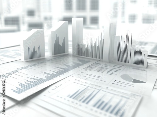 3D rendering of financial charts with bar graphs and pie charts on a white background, in colorful styles. 