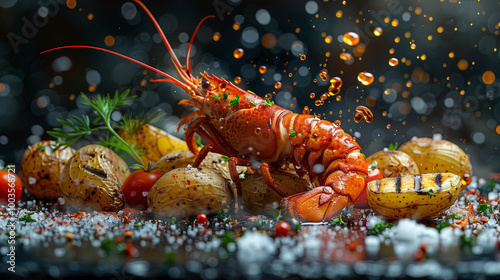 Dynamic shot of levitating components of Lobster Thermidor: caramelized lobster meat, cognac mustard sauce, herb-roasted potatoes, and grilled zucchini in mid-air photo