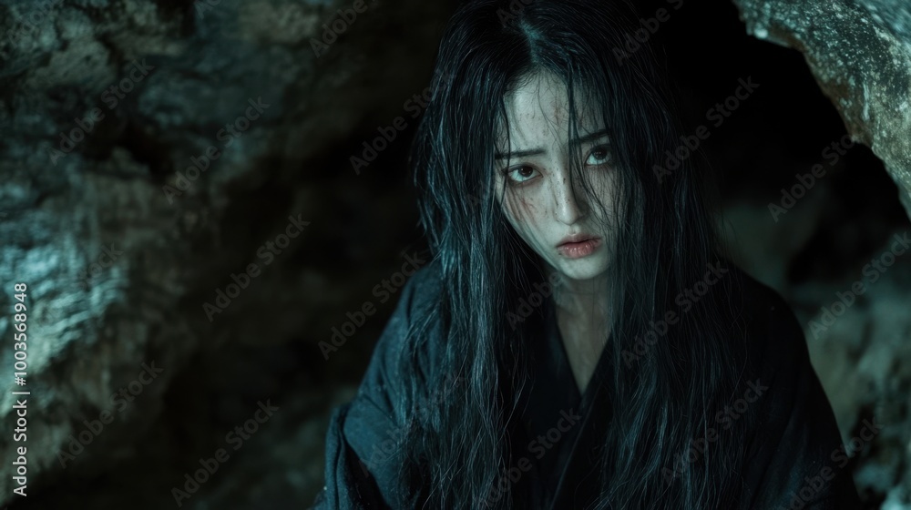 The Japanese witch Yamauba, lurking in the shadows of a mountain cave, her eyes glowing The Japanese witch Yamauba, lurking in the shadows of a mountain cave, her eyes glowing