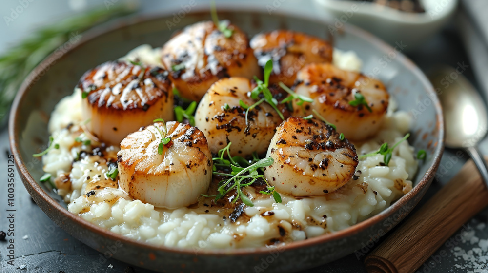 Top view of truffle risotto topped with seared scallops, garnished with microgreens and balsamic glaze, elegantly presented on a sophisticated plate. Top view of truffle risotto topped with seared scallops, garnished with microgreens and balsamic glaze, elegantly presented on a sophisticated plate.