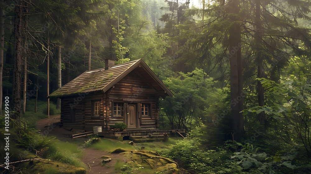 Rustic wooden cabin nestled in a lush green forest. The sunlight peeks through the trees casting a warm glow on the scene. Rustic wooden cabin nestled in a lush green forest. The sunlight peeks through the trees casting a warm glow on the scene.