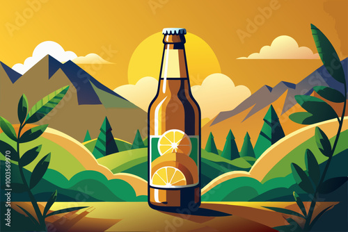 Rustic Beer Bottle with Lemon Slice on a Wooden Table