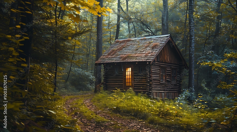 Small cabin nestled amongst the trees in a thick forest, with fog or mist hanging in the air. It looks peaceful and tranquil. Small cabin nestled amongst the trees in a thick forest, with fog or mist hanging in the air. It looks peaceful and tranquil.