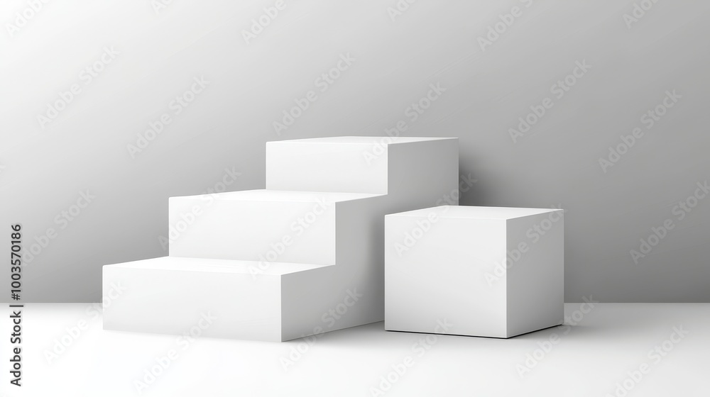 A geometric design interior with no space - a table and stage, blank plaster walls with soft light and shadow, and a table for product placement or design solutions. A geometric design interior with no space - a table and stage, blank plaster walls with soft light and shadow, and a table for product placement or design solutions.