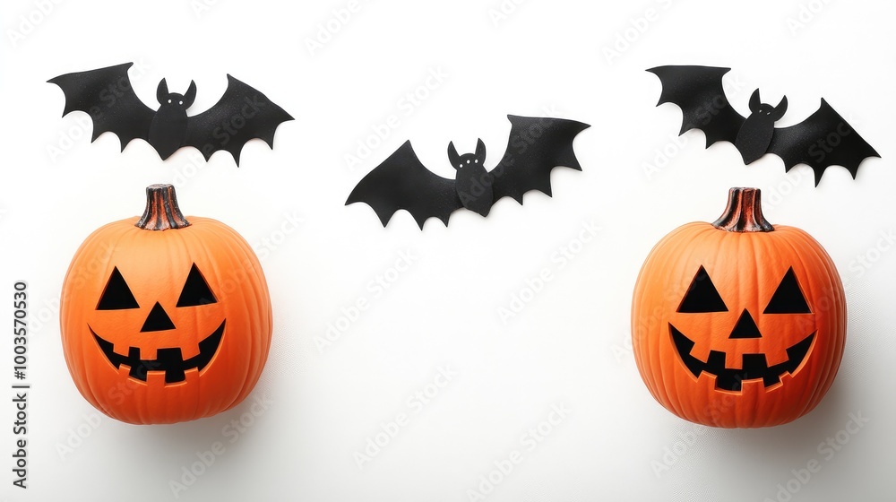 Flat lay of pumpkins, bats, and Halloween-themed decorations on a white background, featuring copy space. No people, no logo. Flat lay of pumpkins, bats, and Halloween-themed decorations on a white background, featuring copy space. No people, no logo.