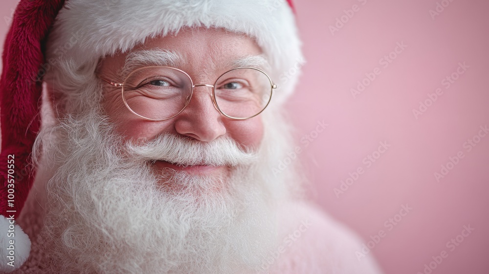 close view of santa clauss profile, pale pink background, white hair and warm smile, soft focus, minimal and festive composition.
