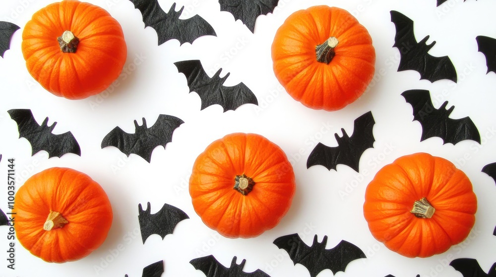 Halloween-themed pumpkins and black bats on a white background with copy space for text or design. No people, no logo. Halloween-themed pumpkins and black bats on a white background with copy space for text or design. No people, no logo.