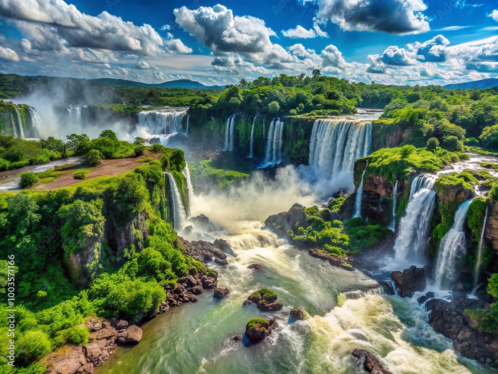 Fototapeta premium Majestic Iguazu Falls on a Sunny Day, Showcasing the Natural Beauty of Brazil and Argentina's Landscape