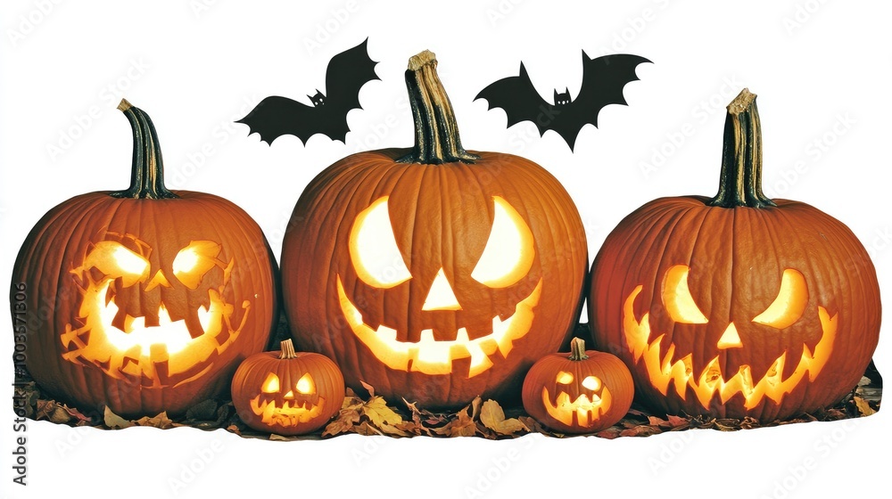 Fototapeta premium Halloween pumpkins with bat silhouettes, placed creatively on a white background with room for copy. No people, no logo.