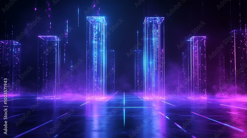Fototapeta premium A futuristic digital landscape featuring glowing columns and vibrant colors, creating a surreal high-tech atmosphere.
