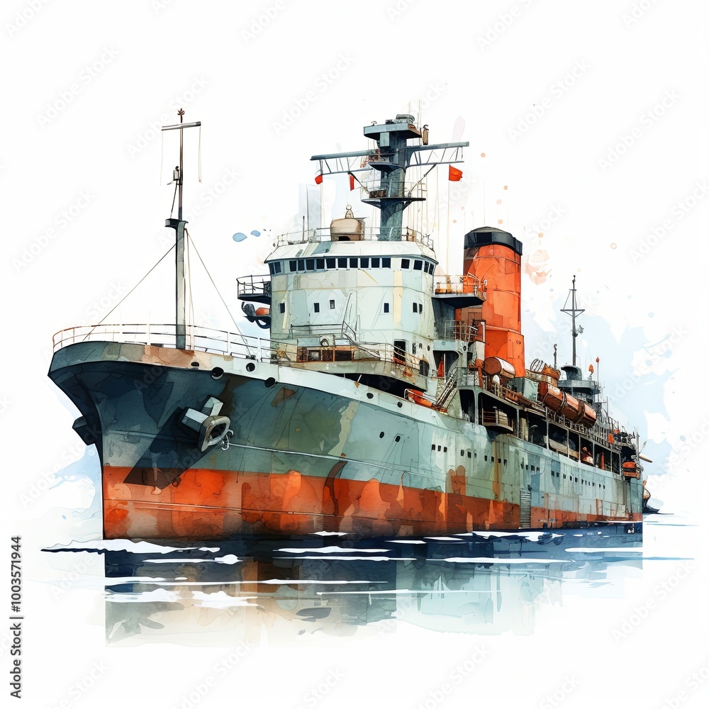 Fototapeta premium Watercolor illustration of freighter on white background.