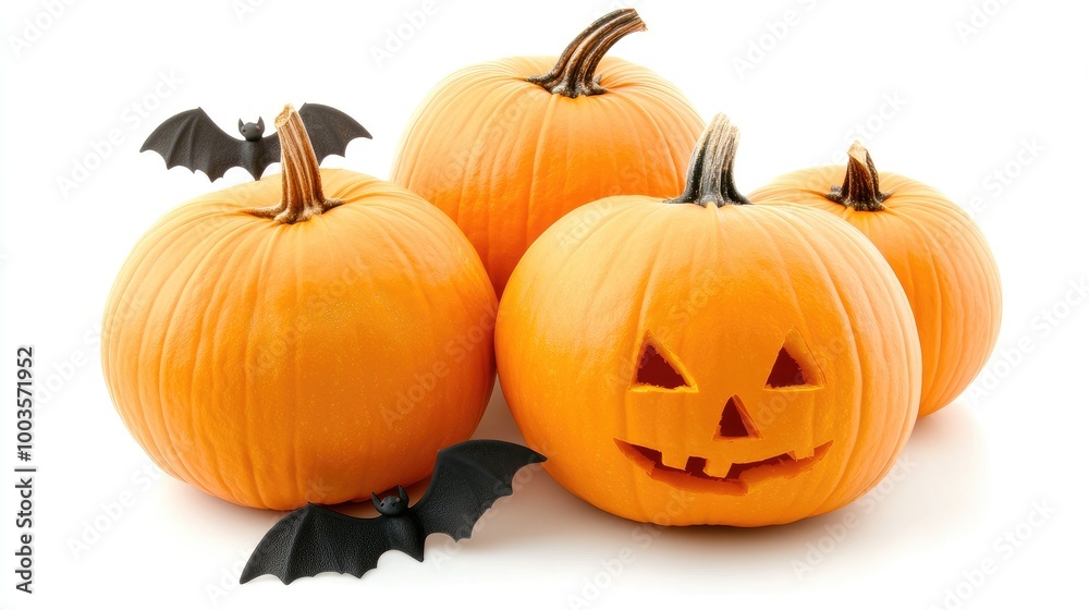 Pumpkins and bats placed on a white background, perfect for Halloween with plenty of room for copy. No people, no logo.