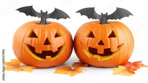 Pumpkins and bats creatively positioned on a white background, perfect for a Halloween theme with copy space. No people, no logo.