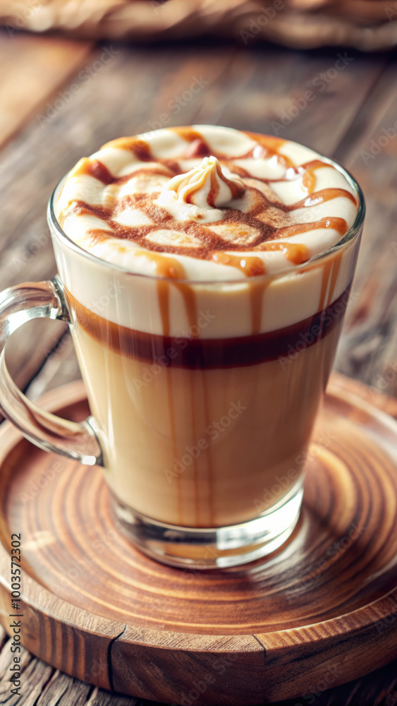 A beautifully layered caramel macchiato served in a clear glass cup, topped with foam and a caramel drizzle, offering a perfect blend of coffee and sweetness. A beautifully layered caramel macchiato served in a clear glass cup, topped with foam and a caramel drizzle, offering a perfect blend of coffee and sweetness.