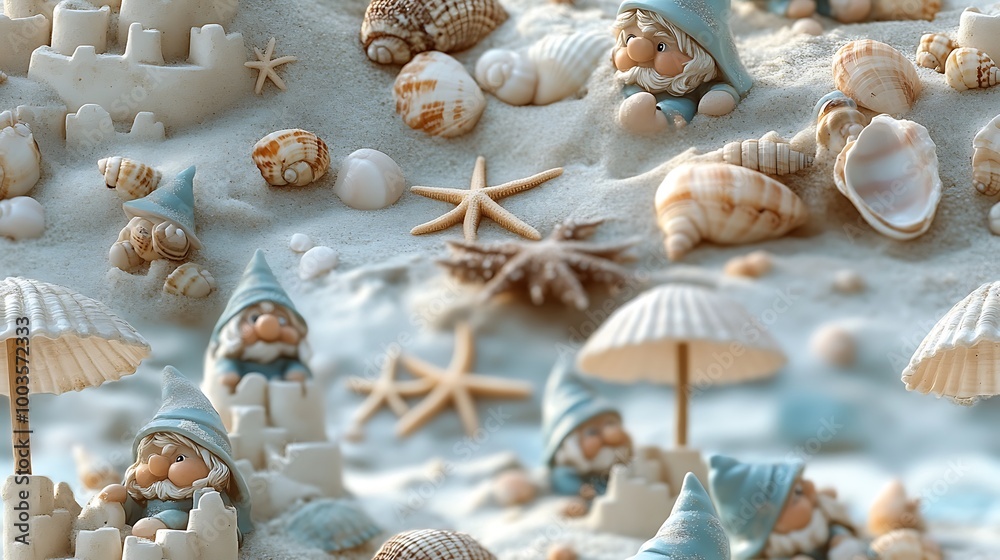 Fototapeta premium A seaside adventure with gnomes building sandcastles, playing with seashells, and relaxing under tiny beach umbrellas, with starfish scattered along the sandy beach, soft blues and warm pastels,
