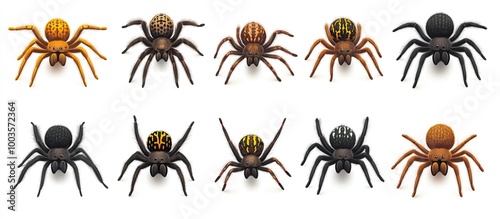 Set of Colorful Spiders with Black, Orange and Yellow Patterns