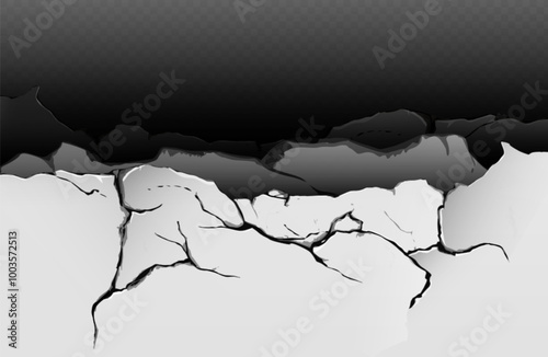 Broken concrete wall border with three layers of jagged edges on transparent background. Realistic vector illustration or damaged stone texture with fissures. Crashed land fracture piece with cracks.