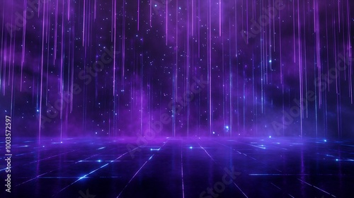 A mesmerizing purple digital background with cascading light beams and a futuristic feel.