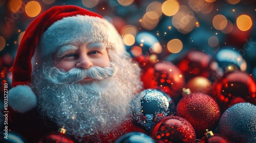 close-up of santa clauss face, colorful holiday ornaments with radial blur in background, glowing edges, dynamic and whimsical layout. photo