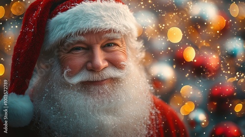 close-up of santa clauss face, colorful holiday ornaments with radial blur in background, glowing edges, dynamic and whimsical layout. photo