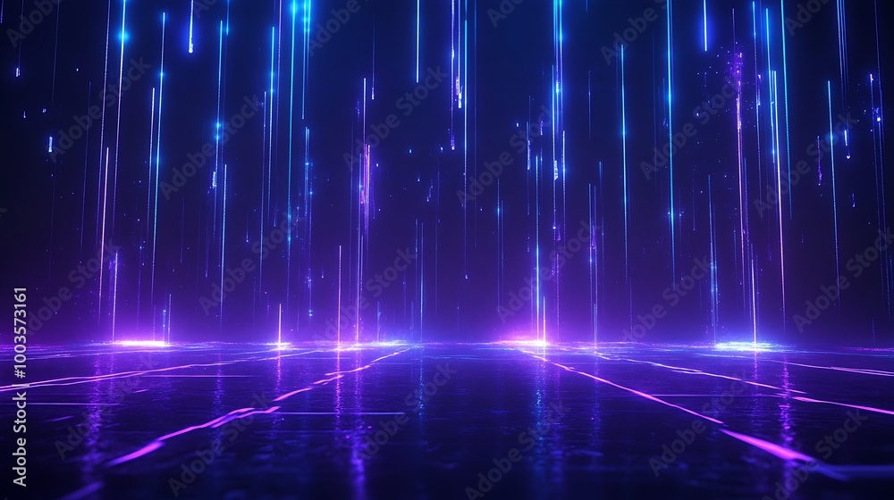 A vibrant digital background featuring cascading beams of blue and purple light against a dark backdrop. A vibrant digital background featuring cascading beams of blue and purple light against a dark backdrop.