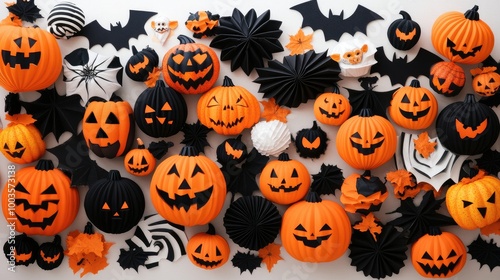 Top-down view of Halloween pumpkins and bat cutouts scattered on a white background with ample room for copy space. No people, no logo.