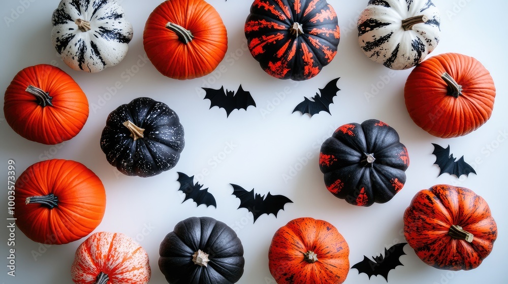 Top-down view of Halloween pumpkins and bat decorations, placed on a white background with copy space for text. No people, no logo. Top-down view of Halloween pumpkins and bat decorations, placed on a white background with copy space for text. No people, no logo.