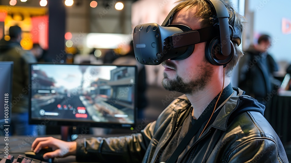 Man is wearing a VR headset and playing a video game on a computer. Man is wearing a VR headset and playing a video game on a computer.
