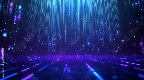 Abstract background of glowing particles and light streaks in vibrant blue and purple tones.