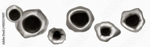 Bullet holes set isolated on transparent background. Vector realistic illustration of gun shot marks on surface, black holes of different size with damaged steel edges, crime scene, war aggression