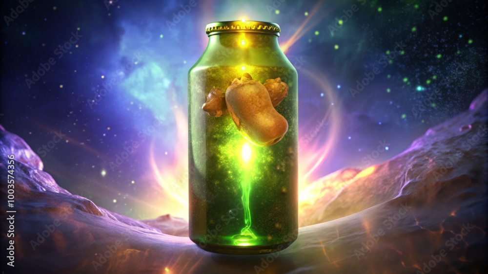 Glowing Bottle of Ginger Beer with Ginger Root and Lemon, Set Against a Cosmic Background