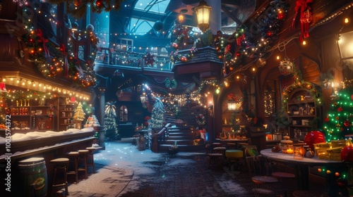 A Christmas themed bar with a lot of decorations. The bar is filled with Christmas trees and lights