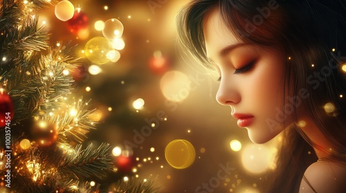 Cuta asian christmas girl with beautiful tree and lights with copy space photo