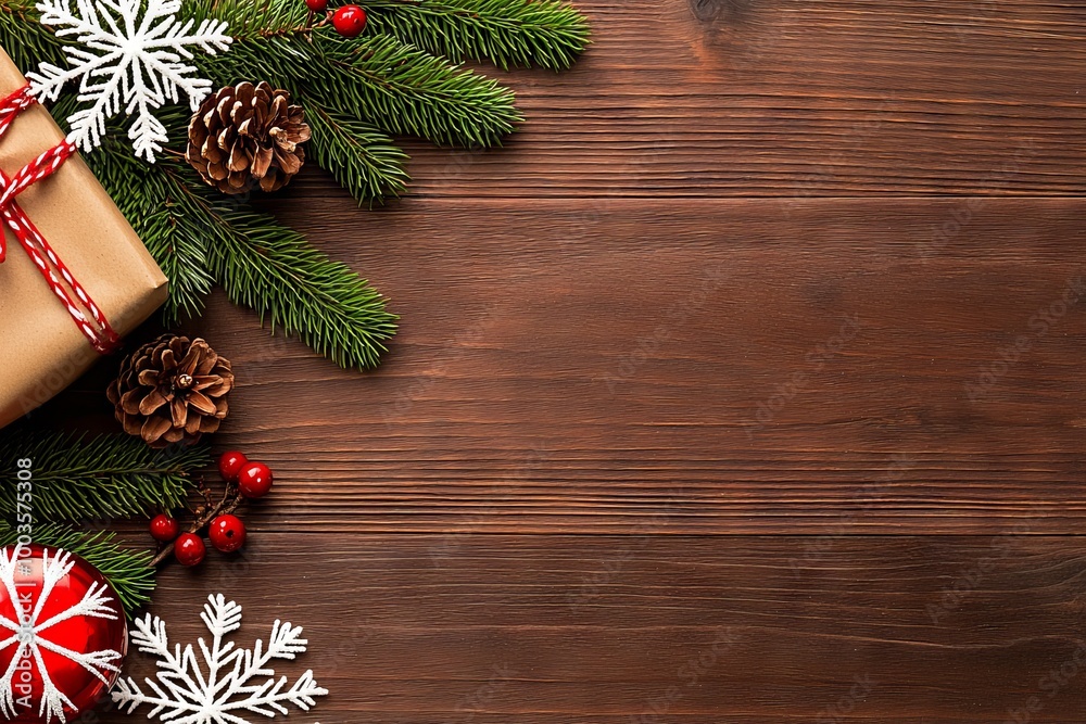 On a wood table background, there are pine leaves and snow on a green Christmas tree On a wood table background, there are pine leaves and snow on a green Christmas tree