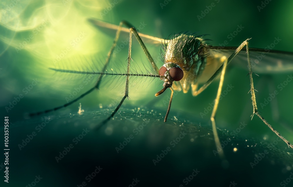A close-up of a mosquito on the skin, captured through high-speed photography. The image features a green background with contrasting light and dark tones, creating a sense of colorism. A close-up of a mosquito on the skin, captured through high-speed photography. The image features a green background with contrasting light and dark tones, creating a sense of colorism.