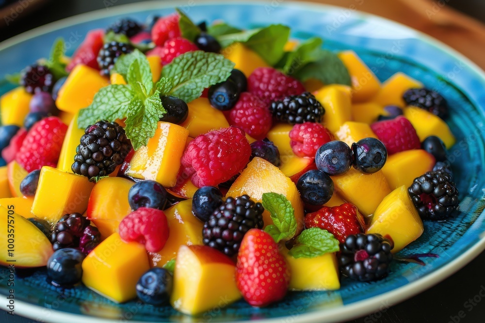 Obraz premium Fresh Fruit Salad with Mango, Berries and Mint.