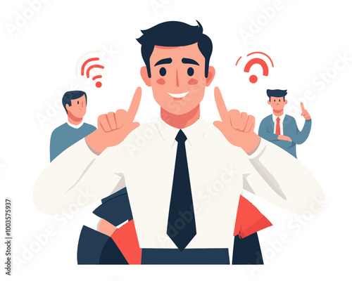 Attentive Boss Listening to Colleagues' Feedback and Opinions in Office - Concept of a Receptive Leader - Flat Minimalist SVG Vector
