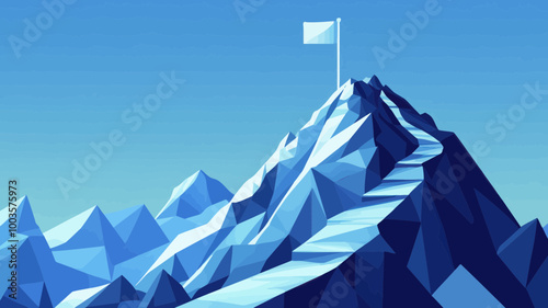 Abstract Mountain Path to Success in Futuristic Technology Style Conceptual Vector with Low Poly Wireframe Flag