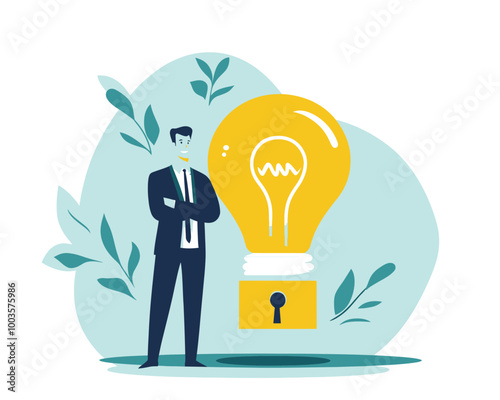 Businessman Protecting Innovative Idea with Locked Light Bulb Icon Symbolizing Patents Intellectual Property Copyright Minimalist SVG Vector