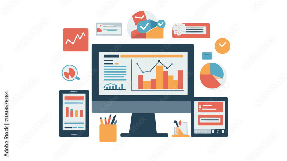 Digital Marketing Analytics Illustration with Graphs and Charts on Multiple Devices for Business Strategy and Data Analysis Digital Marketing Analytics Illustration with Graphs and Charts on Multiple Devices for Business Strategy and Data Analysis