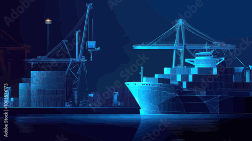 Low Poly Wireframe Digital Vector of Cargo Ship and Trade Port with Cranes and Warehouse in Dark Blue for Transportation, Logistics, and Worldwide Shipping Concepts