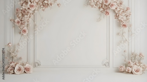 Fototapeta Naklejka Na Ścianę i Meble -  3D rendering of a white wall with floral decoration for a wedding photo studio background